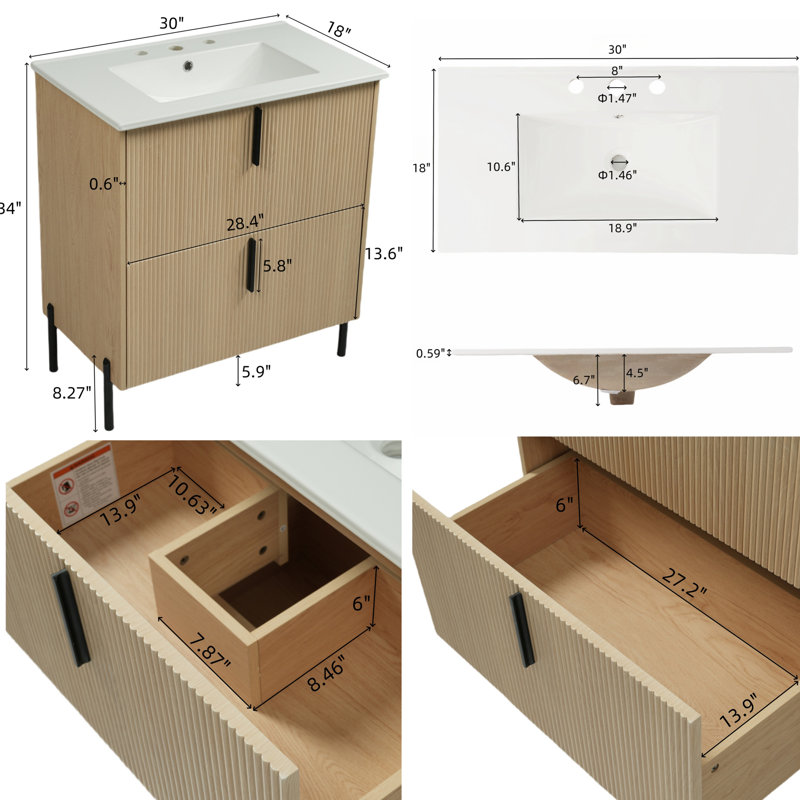 2-Drawers 30" Bathroom Vanity With Ceramic Sink, Natural