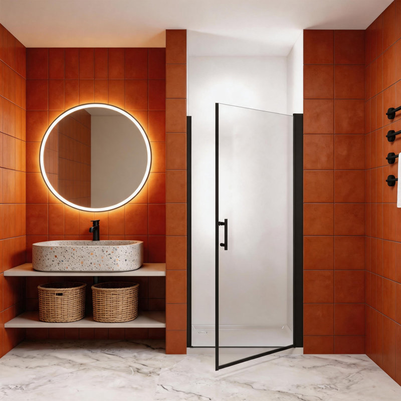 Porte de douche pivotante l 36 po x H 72 po, demi-cadre avec verre trempé antidéflagrant, cadre noir mat