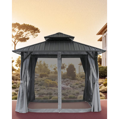 Abri de jardin à toit rigide SeeHill, abri de jardin d'extérieur, abris de jardin à toit rigide en aluminium avec filet et rideau, pergola d'extérieur avec double toit en acier pour terrasse, pelouse et jardin