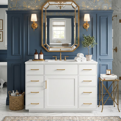 48" Modern Freestanding Bathroom Vanity with SMC Basin & 7 Drawers, MDF Storage Cabinet (Black/White)
