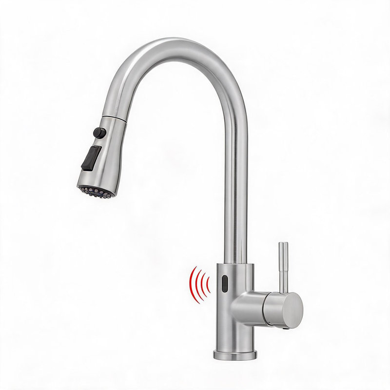 Robinet de cuisine en acier inoxydable brossé sans contact avec capteur de mouvement et douchette extractible