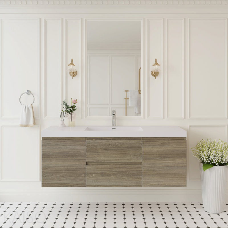 Meuble-lavabo flottant 60 po avec lavabo, meuble-lavabo mural moderne avec lavabo à surface solide et tiroirs à fermeture en douceur 60 po