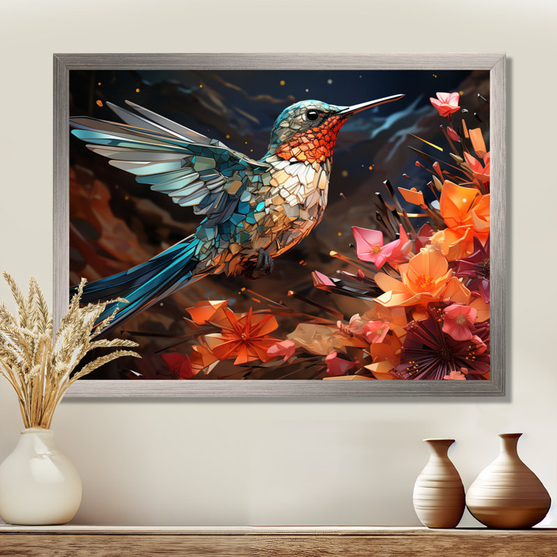 Colibri bleu sarcelle «Enchanting Hum Geometric II», impressions sur toile, H 24 po x l 32 po x P 1 po, Encadrement argenté