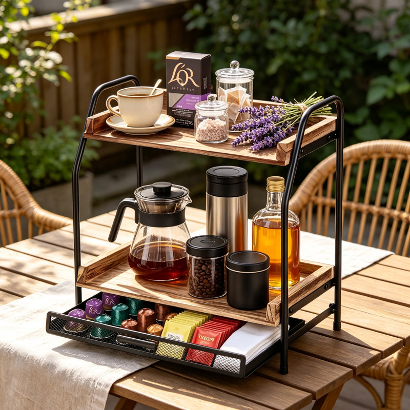 Elegant 2-Tier Coffee Station Organizer with Pod Holder Drawer