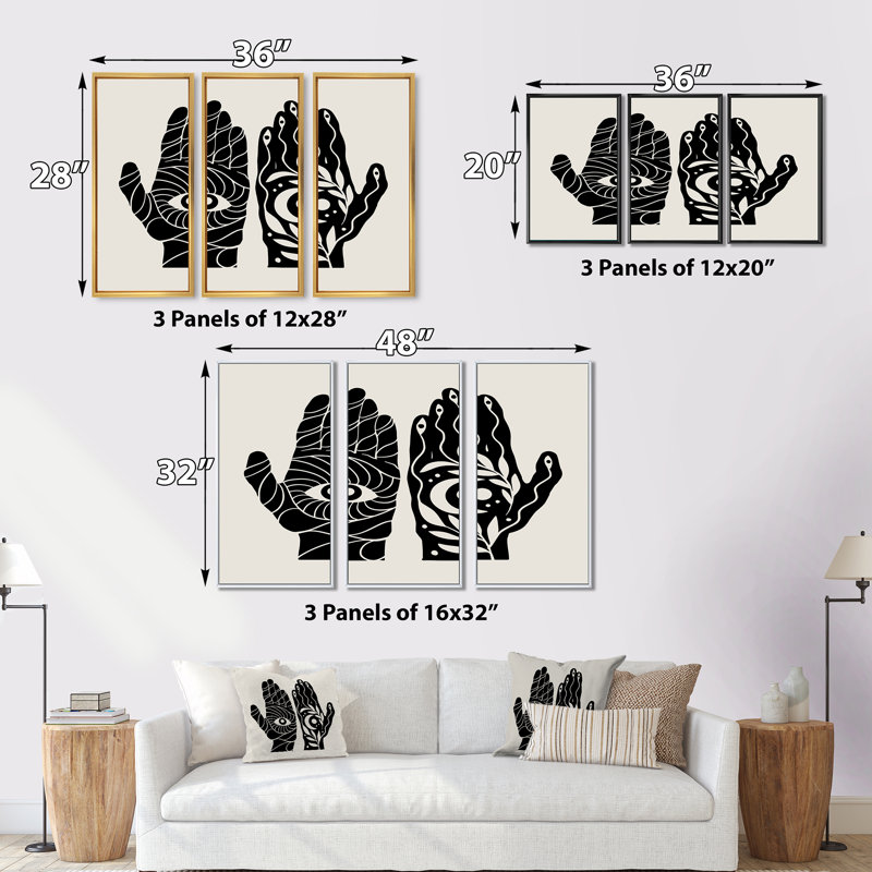 «HamSa Hands with Eye and Moon Black and White Illustration», ensemble de 3 reproductions sur toile flottantes, Cadre doré