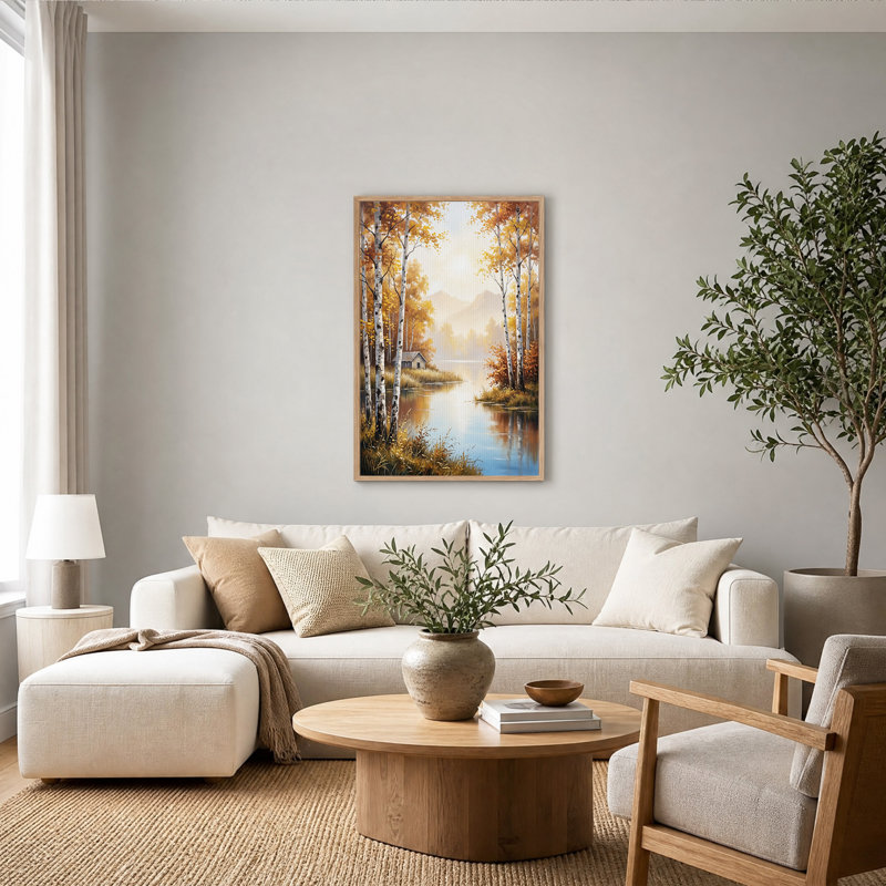 Tableau sur toile représentant des bouleaux dorés d'automne au bord d'un lac, 48"H x 32"W