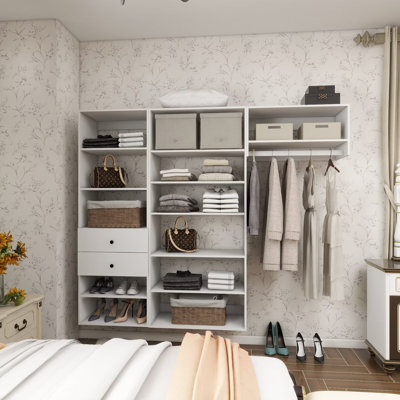 White Modular Walk in Closet Organizer System with a rod 12 shelves and 2 drawers