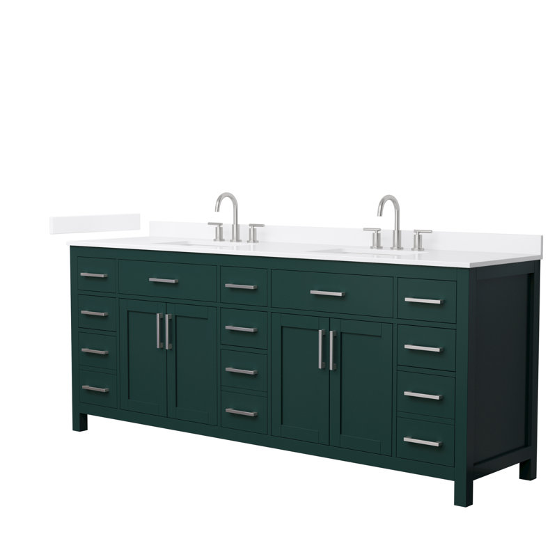 Beckett 84" Freestanding Double Bathroom Vanity with Quartz Top, Brushed Nickel, White Quartz, Green