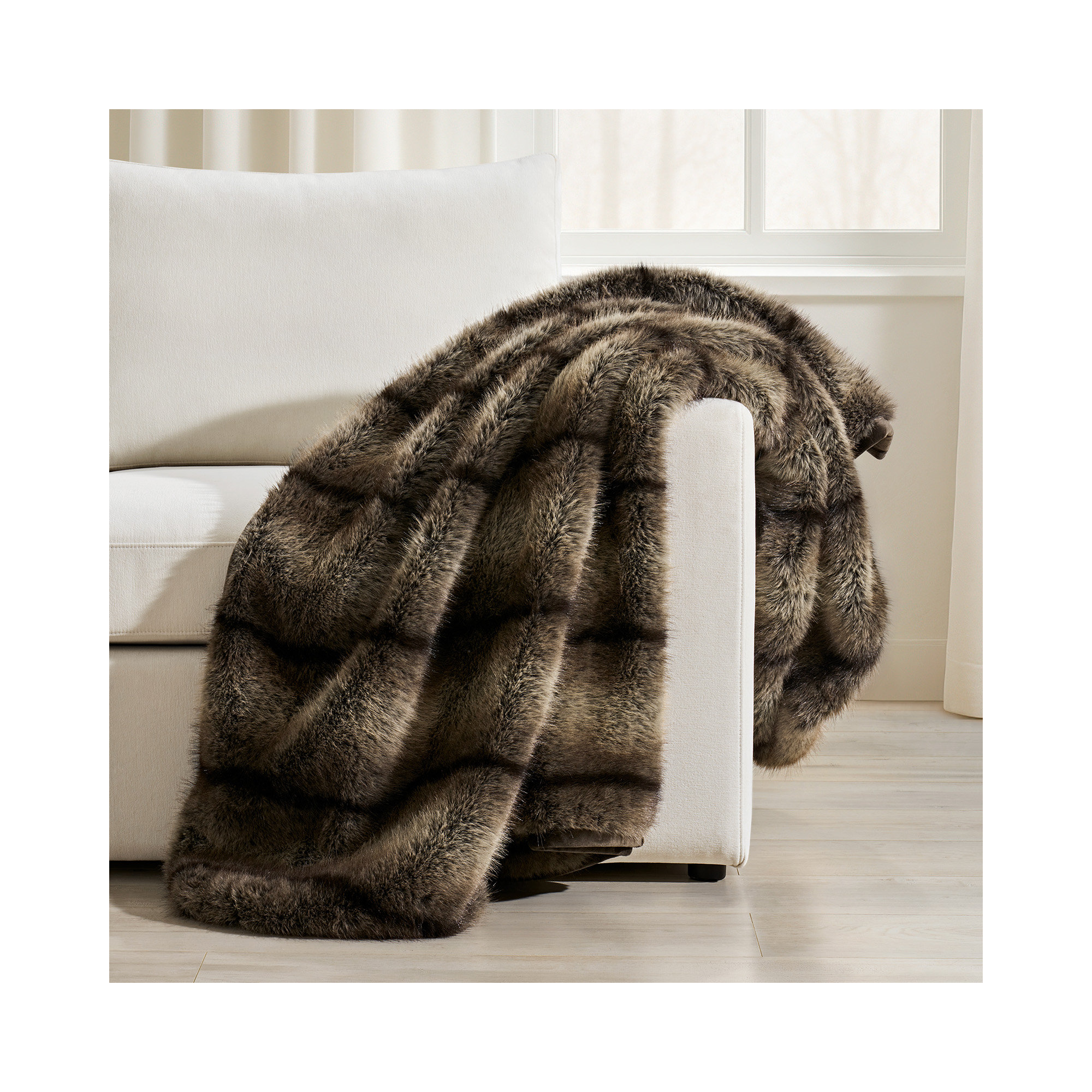 Luxe Faux Fur Throw Blanket, Twin, Ombré Sable Brown Ombre/Striped