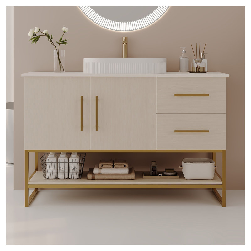 Meuble-lavabo autoportant moderne 47,2 po avec vasque en céramique, pieds en acier inoxydable doré et armoire de rangement