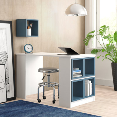 Bureau d'étude moderne avec tablette murale, blanc et bleu, 47,2 po x 29,5 po x 25,6 po | 100% panneau de particules enduit de mélamine, épaisseur: 0,7 pouce | Comprend de nombreuses tablettes, une conception peu encombrante, parfaite pour les bureaux à domicile et les espaces d'étude