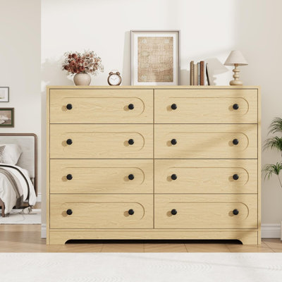 Commode 8 tiroirs Mid-Century, commode en bois de 55 po de largeur avec tiroirs profonds et poignées en métal pour la chambre à coucher, le salon, l'entrée ou le couloir