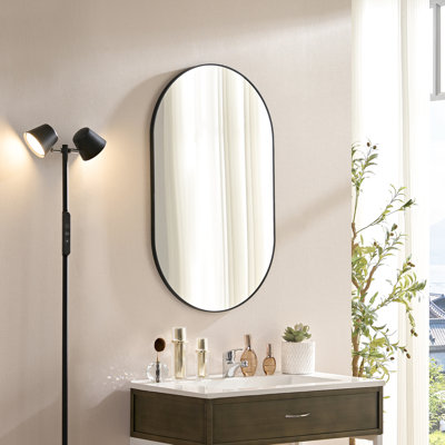 Miroir mural 40 po x 30 po en aluminium noir pour le décor de la chambre à coucher, - Bordure minimaliste luxueuse, salle de bain ovale 30 x 40 à fixation à 360 degrés, image claire, cadre rouillé, design, installation simple