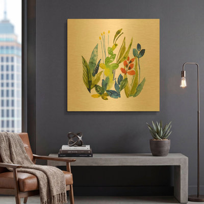 «English Garden 1» par Lesia Binkin, art mural en métal doré, 36 po x 36 po