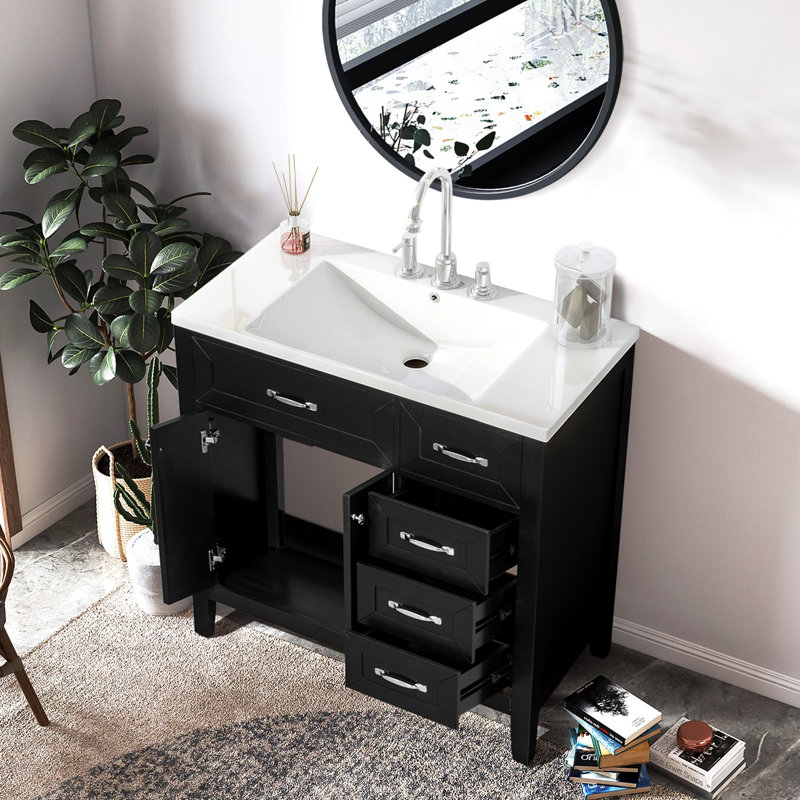 Meuble-lavabo moderne 36 po avec lavabo en céramique, Noir, Argent argent