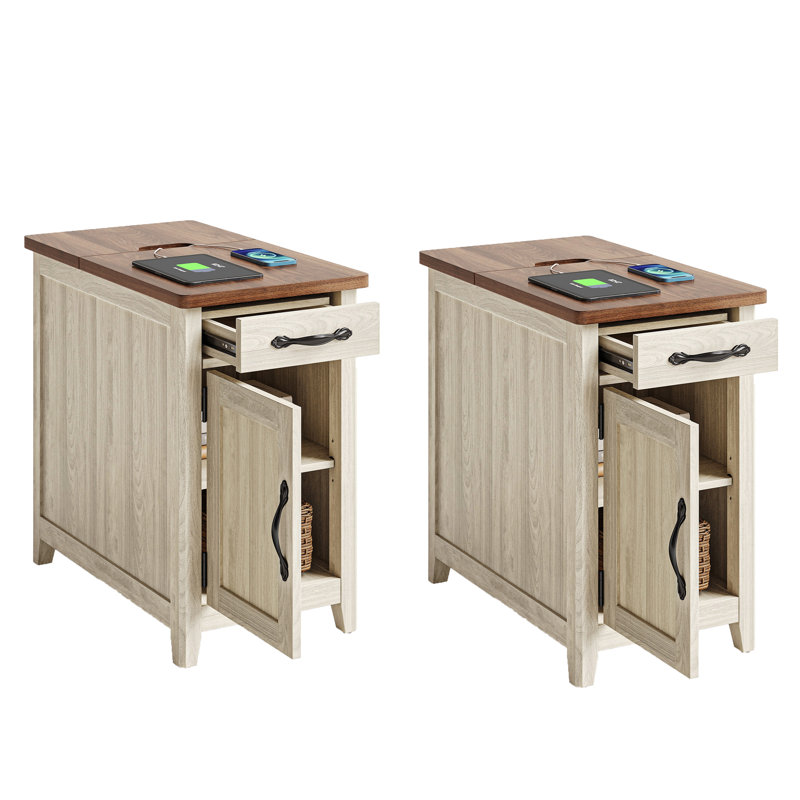 Table de bout avec rangement et station de charge, ensemble de 2, Brun / gris clair