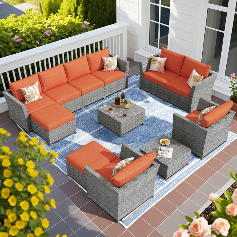 Paulsen Premium 8-Person No-Assembly Modular All-Weather Wicker Patio Conversation Set with Cushions, 2 Ottomans, 2 Coffee Tables, and Optional Fire Pit