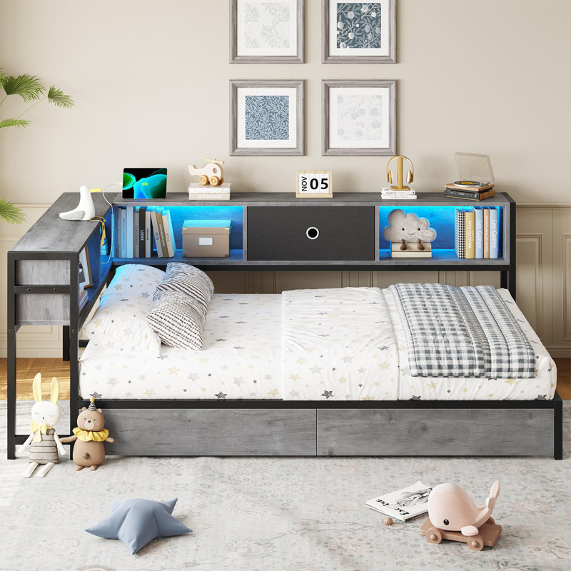 Lexiann Corner Bed with LED lights and charging station, modern bed with bookcase and 2 under bed storage drawers, no boxes/noise required modern sofa bed