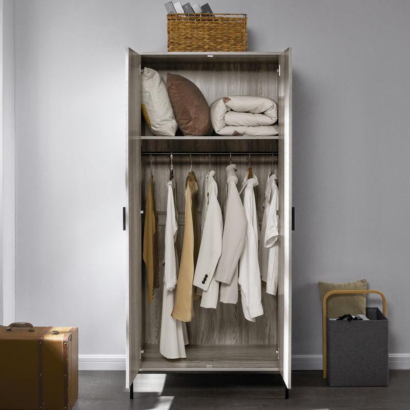 Oscar 2 Door Industrial Wardrobe With Storage Shelf, Hanging Rail and Solid Metal Frame, Grey