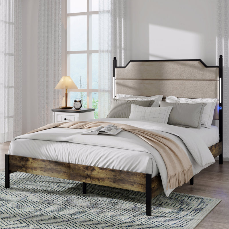 Queen Size Bed Frame with Upholstered Headboard – Built-in Charging Station & LED Lights, Queen