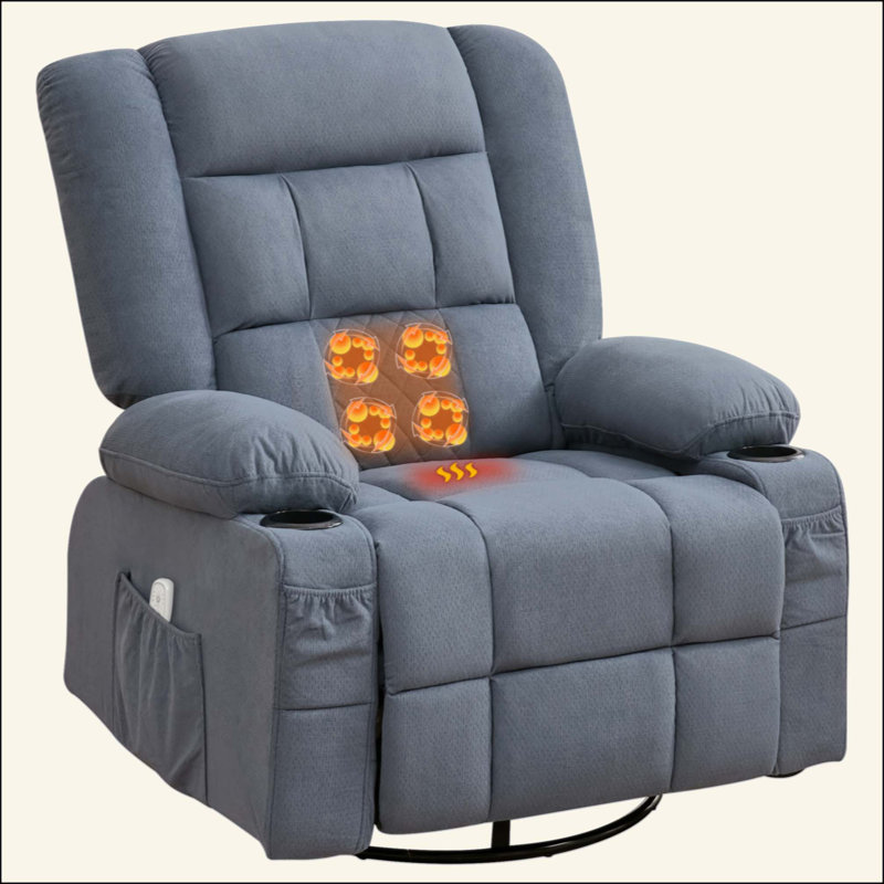  4-Point 3D Kneading Massage Rocker Recliner Chair with Seat Heat, 150° Recline 360° Swivel Glider Chair with USB Port Cup Holders Side Pockets for Living Room
