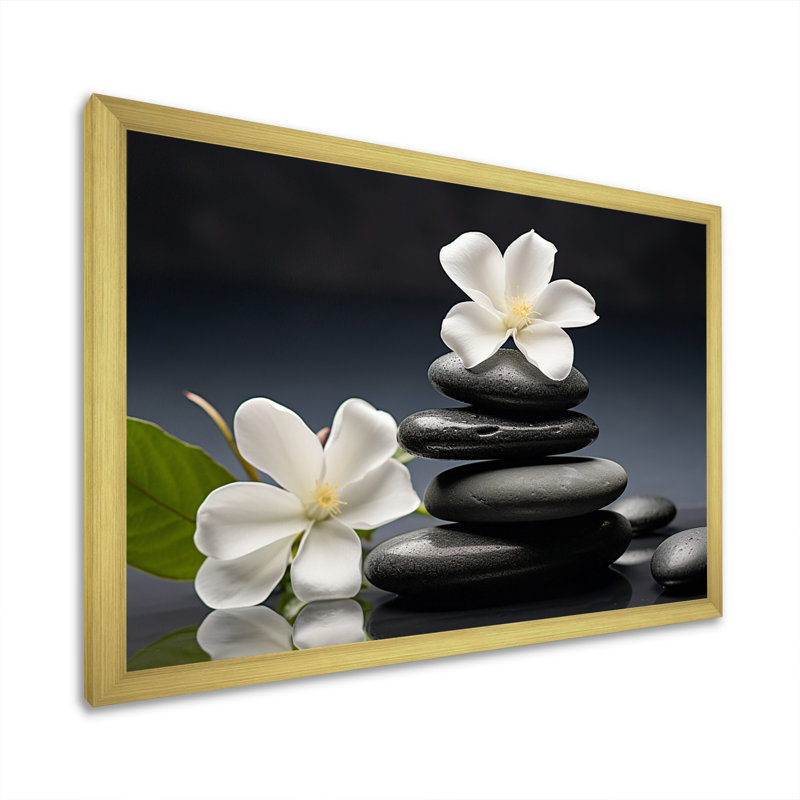 «Zen Black River Stone Blooming Magnolias», reproduction sur toile Lily, H 24 po x l 32 po x P 1 po