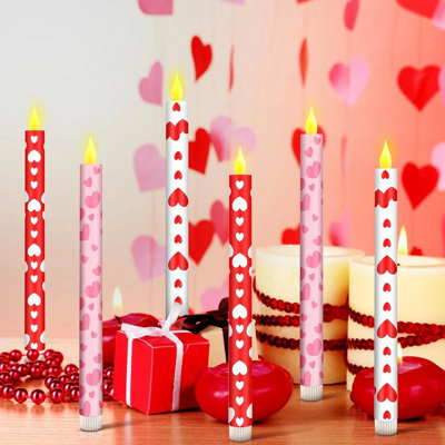 6 Pcs 10.6 Inch Valentine Day Flameless Taper Candles – Heart Shaped Battery Operated Led Candlesticks, Valentine/wedding/anniversary Dinner Table Decor Essential
