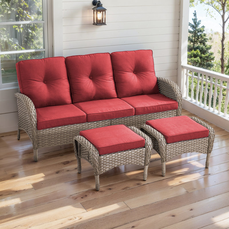 72" Wide Outdoor Wicker Patio Sofa With Ottomans, Gray, Red