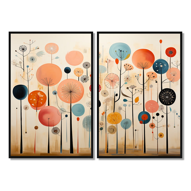 Papier peint coloré Mid Mid Century Whimsical - impressions multicolores modernes sur toile, 36" H x 48" W, Black