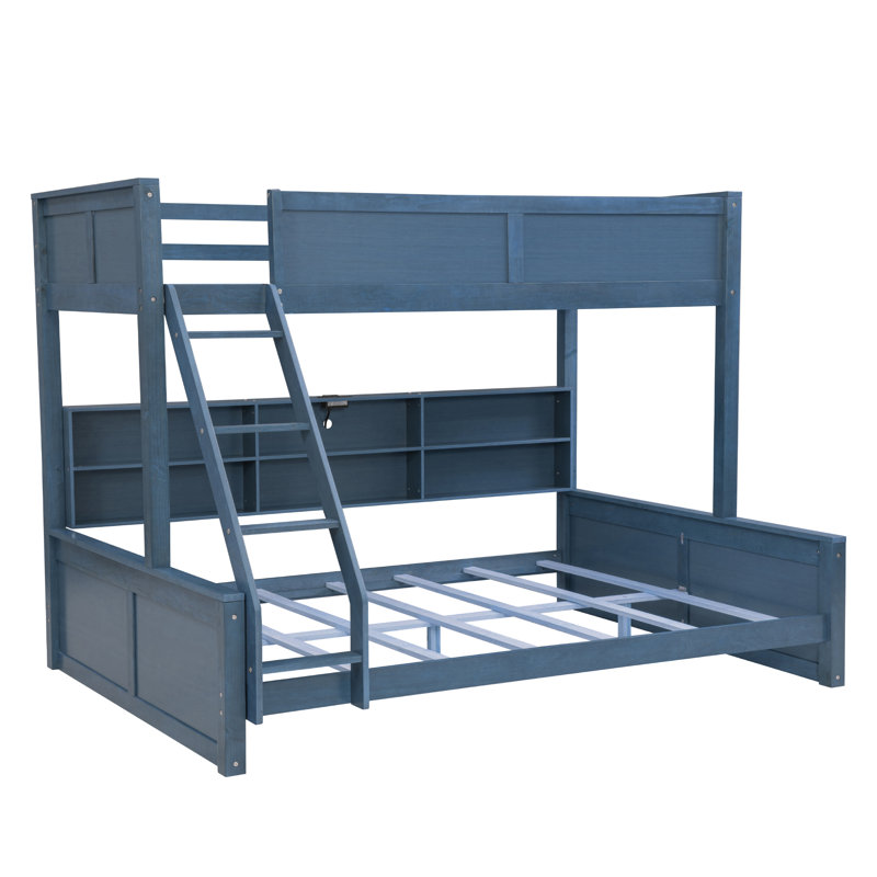 Lit superposé simple au-dessus de grand lit simple en bois massif avec tablettes, Bleu