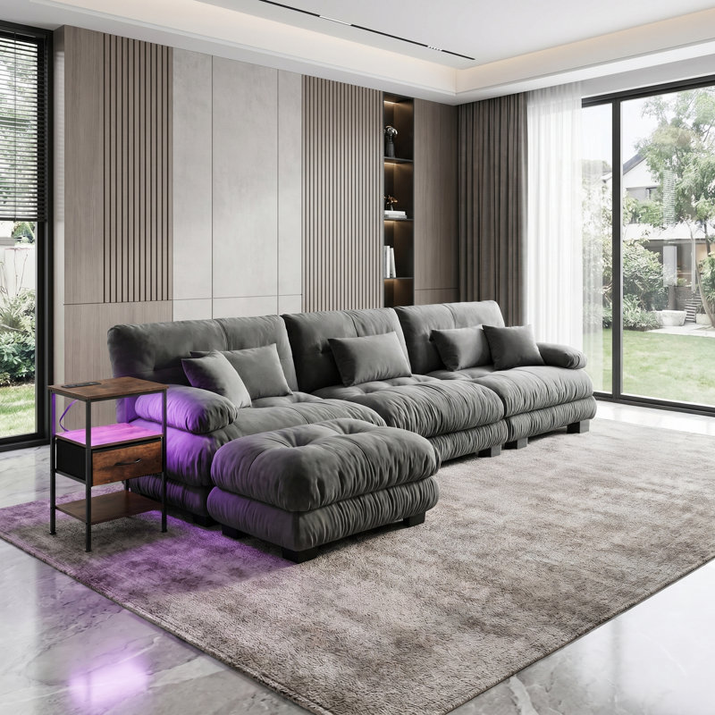 Ensemble de canapés modulaires en L en chenille 4 places avec repose-pieds, parfaits pour le salon avec la table de chevet