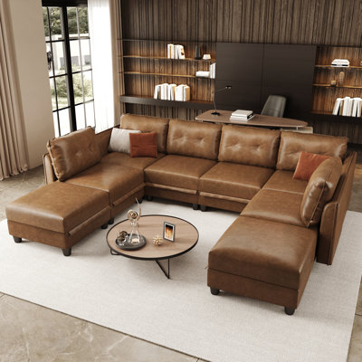 Modular Sectional Sofa With Storage, Modern Brown Faux Leather, Reversible Chaise, U Shaped Couch For Living Room, Waterproof & Easy Clean, 6 Seats With 2 Ottomans