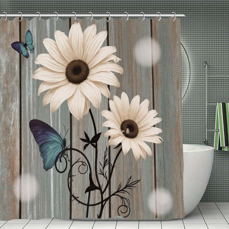 Rideaux de douche crème marguerites et papillons, 71 x 71