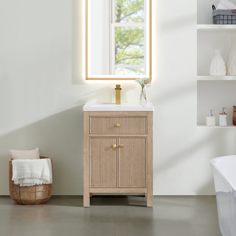 Meuble-lavabo simple Lala de 24 po avec lavabo intégré en céramique blanche (sans miroir), Chêne naturel