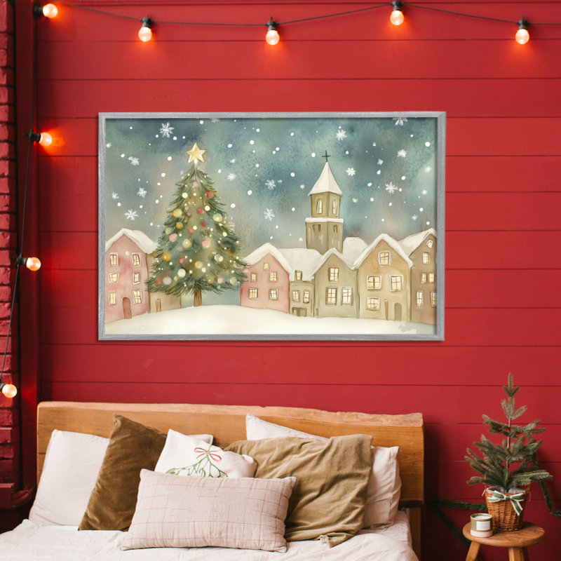 «Christmas Village Snowfall», estampe numérique, design par LSR Design Studio, H 20 po x l 30 po, Estampe numérique Farmhouse