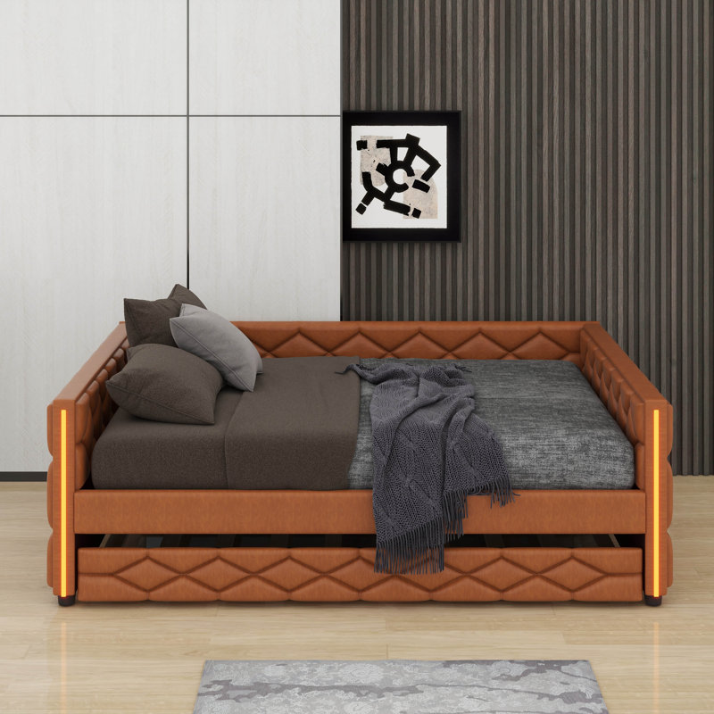 Full XL Size Upholstered Daybed With Trundle And LED, Brown