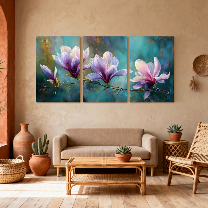 Plantes et fleurs, fleurs de magnolia mauves sur branches, ensemble de 3 impressions sur toile, H 18 po x l 36 po