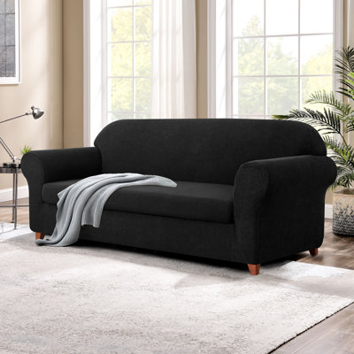 2 Piece Jacquard Sofa Cover, Polyester Spandex Stretch Couch Slipcover for Living Room, Easy Install & Washable Furniture Protection (Sofa, Black)