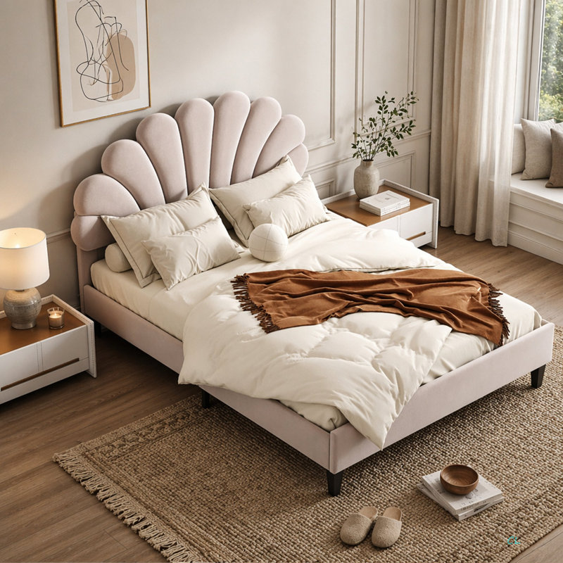 Lit plateforme tapissier avec tête de lit en velours à motif floral, Beige, Double