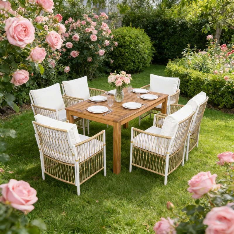 Ensemble de table de salle à manger 7 pièces en bois avec 6 fauteuils en rotin, 6