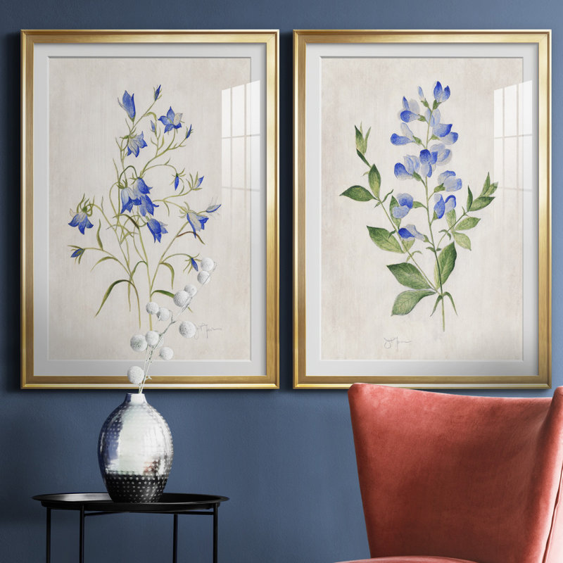 «Blue Botanical I», ensemble de 2 reproductions d'art, Papier encadré doré, Blanc, H 26,5 po x l 73 po x P 1,5 po