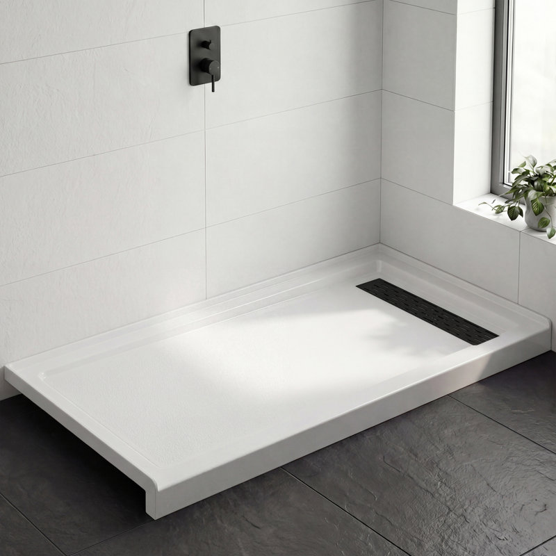 60" x 32" Acrylic Shower Pan Base with Slip-Resistance Finish & Matte Black Linear Drain Cover, Right Drain, Matte Black