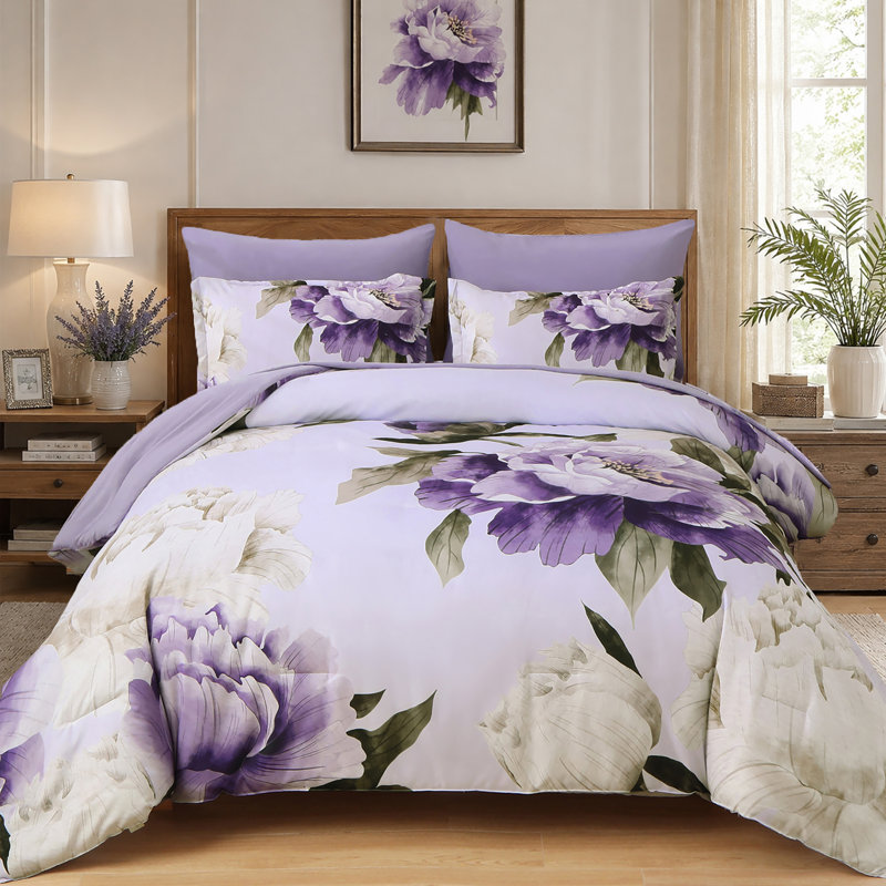 Ensemble de housse de couette à motif floral 7 pièces, Grand édredon et 6 pièces supplémentaires, Mauve