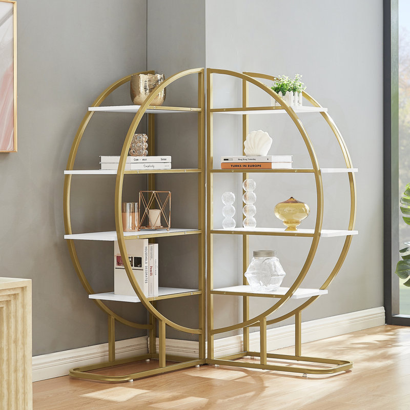 Bibliothèque ouverte 4 niveaux pour bureau à domicile, forme ronde, options de placement flexibles, panneau de fibres à densité moyenne durable et cadre en métal doré