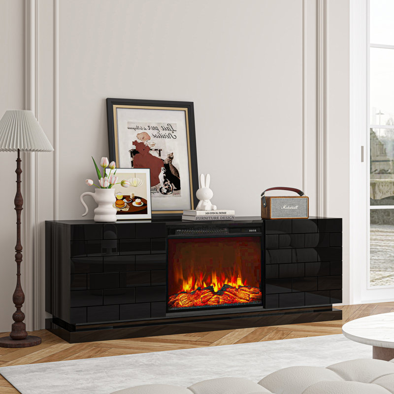 Black Fireplace TV Stand Entertainment Center Modern Media Console, Black