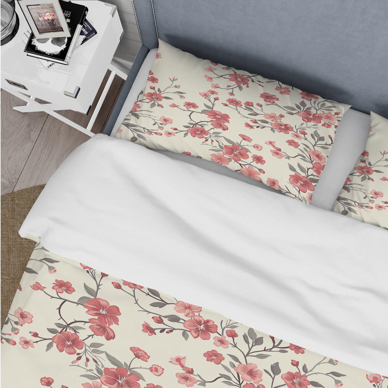 Ensemble de housse de couette traditionnel beige à motif floral V Meadows, Housse de couette pour grand lit et 2 taies décor
