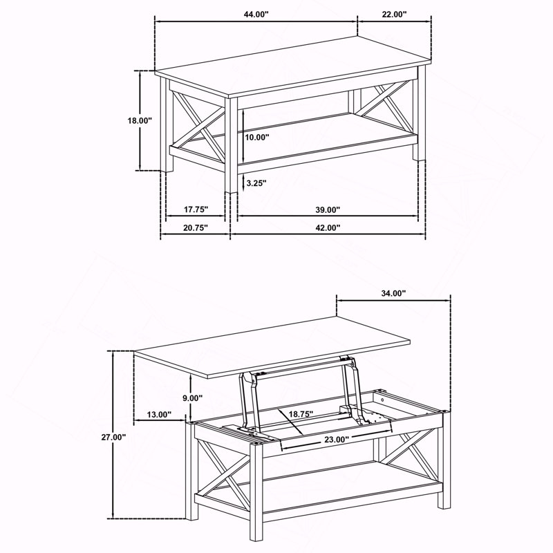 44-inch Rectangular Lift Top Coffee Table, White