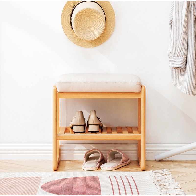 Banc à chaussures en bois massif, étagère de rangement en bois de hêtre avec coussin