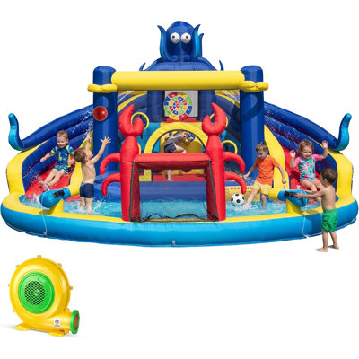Toboggan aquatique gonflable pour enfants de 3 à 12 ans : Parc aquatique gonflable pour jardin avec souffleur de 550 W - Thème pieuvre 8 en 1 avec 2 glissades pour une fête d'anniversaire en plein air
