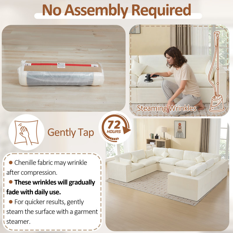 155'' Cloud Compression Sectional Couch, Beige Chenille